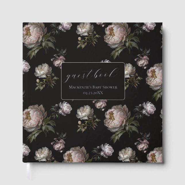 Dark Peony Flowers Foil Baby Shower Guestbook Gästebuch (Vorderseite)