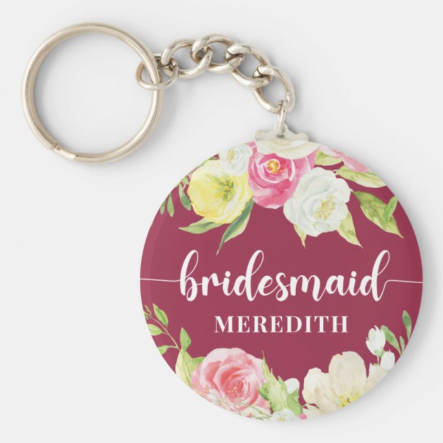 Dark Pink Aquarell Floral Bridesmaid Name Schlüsselanhänger (Vorne)