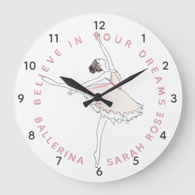 Dark Pink Ballerina Girl Personalisiert Name Clock Große Wanduhr (Vorderseite)