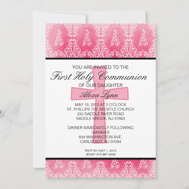 Dark Pink Cross Damask Girls Kommune Einladung (Vorderseite)