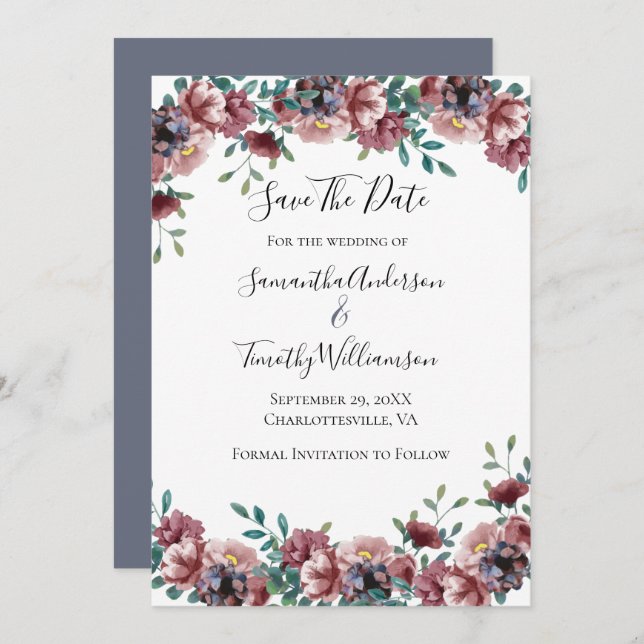 Dark Pink Dusty Rose Blue Green Eukalyptus Floral Save The Date (Vorne/Hinten)