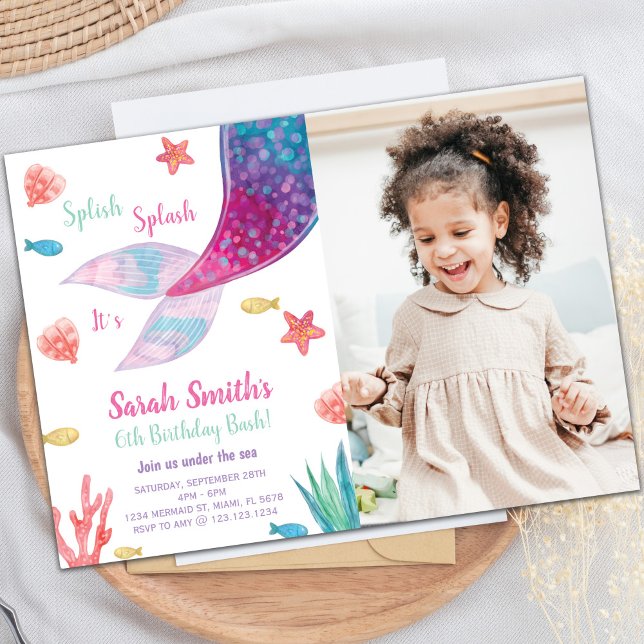 Dark Pink Mermaid Schwanz Geburtstag Einladung (Dark Pink Mermaid Tail Birthday Invitation w photo)