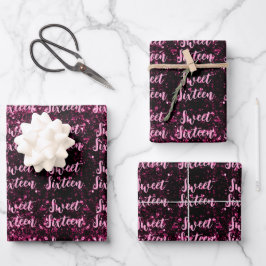 Dark pink sparkles Sweet 16 script pattern Geschenkpapier Set