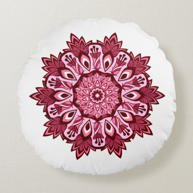 Dark Pink und Grau Reversible Boho Mandala Rundes Kissen (Vorderseite)
