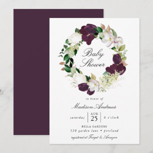 Dark Plum Floral Wreath Babydusche Einladung