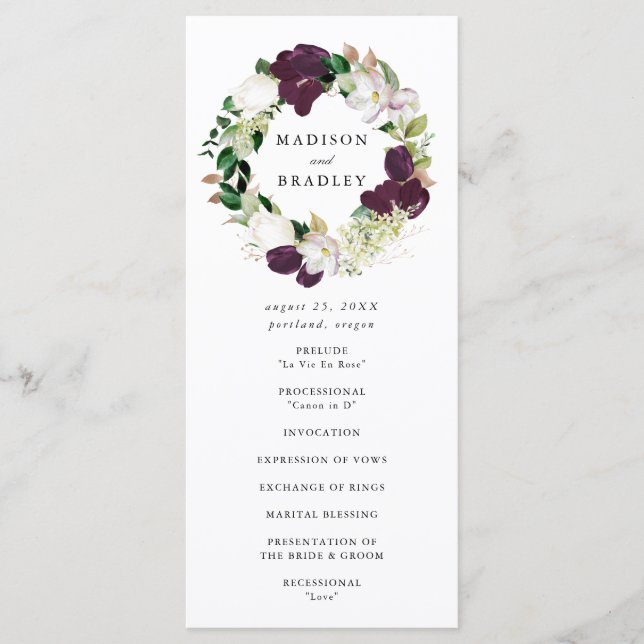 Dark Plum Floral Wreath | Hochzeitsfeier Programm (Vorderseite)
