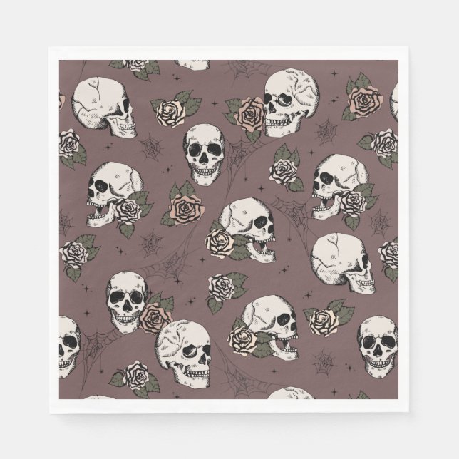 Dark Plum Gothic Skulls und Rose Halloween Serviette (Vorderseite)