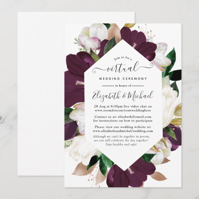 Dark Plum und White Spring Blues Virtual Wedding Einladung (Vorne/Hinten)