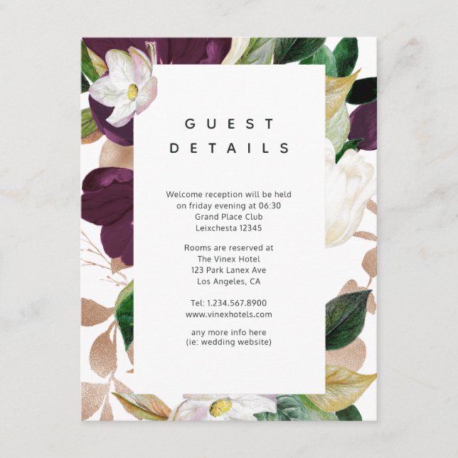 Dark Plum Velvet Floral Wedding Guest Details Begleitkarte (Vorderseite)