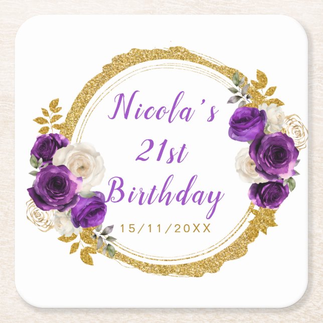 Dark Purple and Gold Elegant Flower Birthday Party Rechteckiger Pappuntersetzer (Vorderseite)