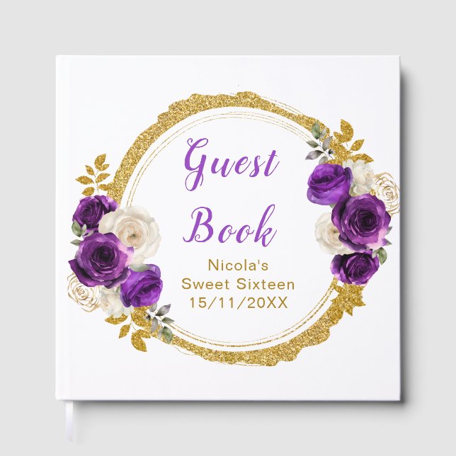 Dark Purple and Gold Elegant Flower Sweet Sixteen Gästebuch (Vorderseite)