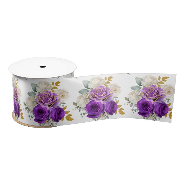 Dark Purple and Gold Elegant Flowers  Satinband (Spule)