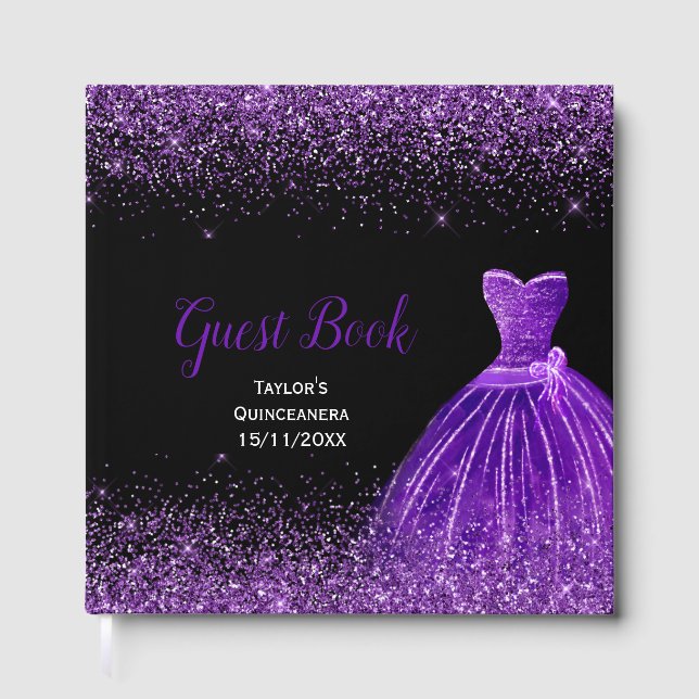 Dark Purple Dress Faux Glitter Quinceanera Gästebuch (Vorderseite)