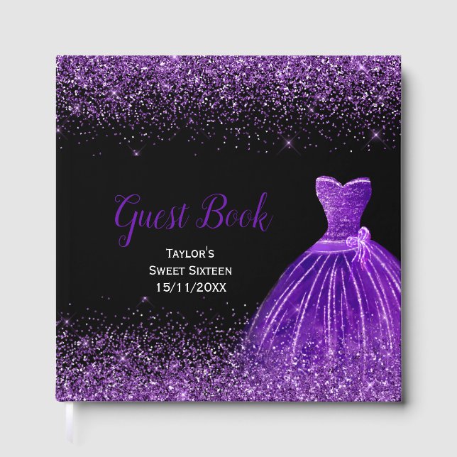 Dark Purple Dress Faux Glitter Sweet 16 Birthday Gästebuch (Vorderseite)