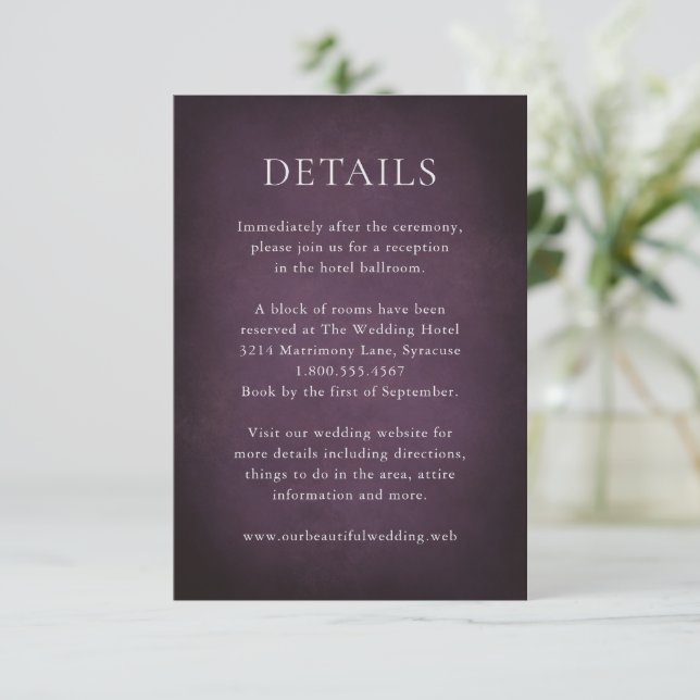 Dark Purple Fine Art Floral Elegant Wedding Begleitkarte (Stehend Vorderseite)