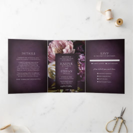 Dark Purple Fine Art Floral Elegant Wedding Dreifach Gefaltete Einladung