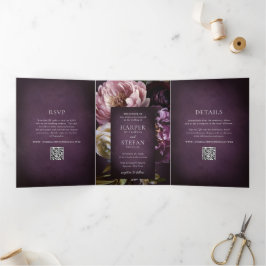 Dark Purple Fine Art Floral Elegant Wedding Dreifach Gefaltete Einladung