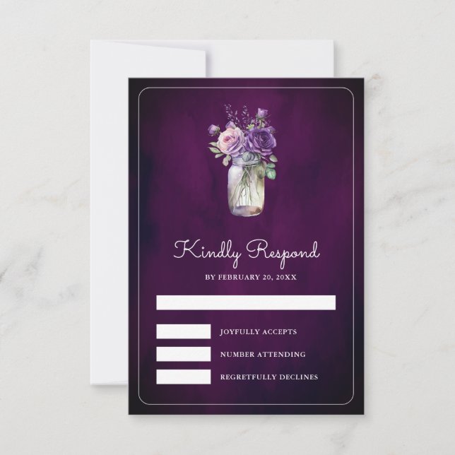Dark Purple Floral Mason Jar Moody Wedding RSVP Karte (Vorderseite)