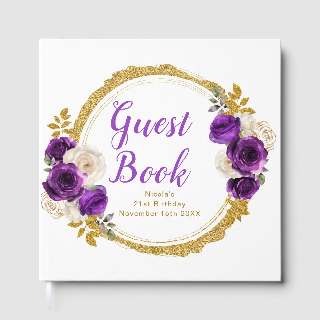 Dark Purple Gold Elegant Flowers Birthday Party Gästebuch (Vorderseite)