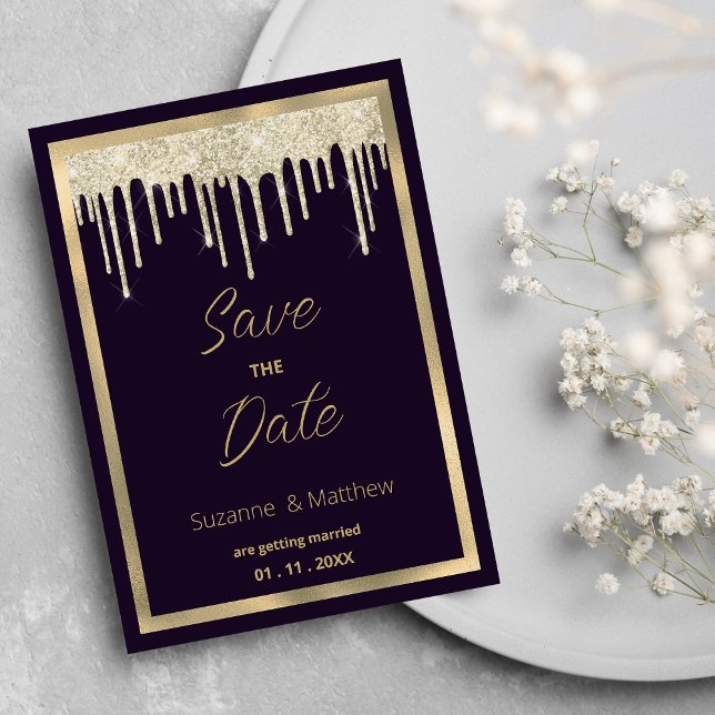 Dark purple gold luxury glitter drip Save the Date Einladung (Dark purple gold luxury glitter drip Save the Date )