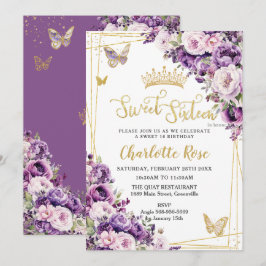 Dark Purple Lilac Blush Floral Roses Sweet 16 Einladung