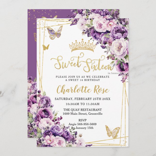 Dark Purple Lilac Blush Floral Roses Sweet 16 Einladung (Vorne/Hinten)
