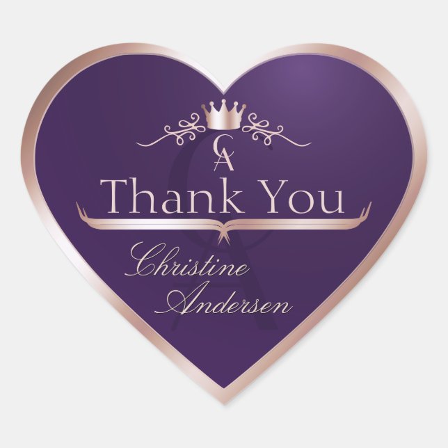 Dark Purple Rose Gold Frame and Monogram Thank You Herz-Aufkleber (Vorderseite)