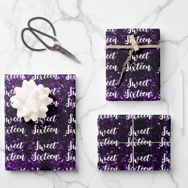 Dark purple sparkles Sweet 16 script pattern Geschenkpapier Set (Vorderseite)