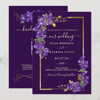Dark Purple Violet Wedding RSVP QR Code Gold Frame Einladung