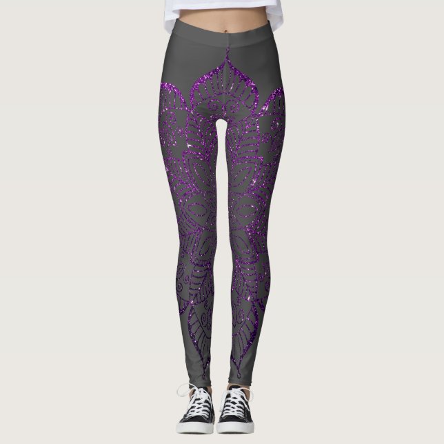 Dark Raspberry Imitats Glitzer Mandala auf Dunkelg Leggings (Vorderseite)