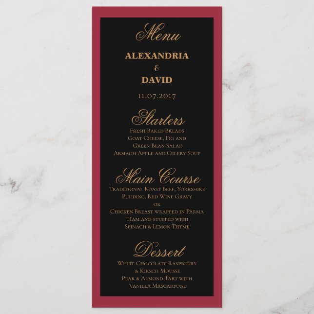Dark Red and Black Wedding Menu Card Menükarte (Vorderseite)