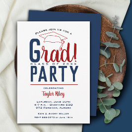 Dark Red and Blue Graduation Party Einladung