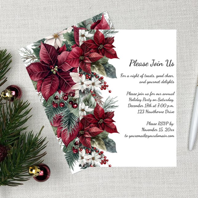 Dark Red and White Poinsettia Christmas Party | Einladung (Von Creator hochgeladen)