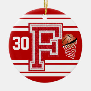 Dark Red Basketball - School Letters - F Keramik Ornament
