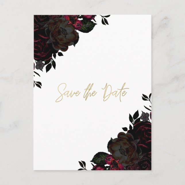Dark Red & Black Floral Gothic Save the Date Ankündigungspostkarte (Vorderseite)