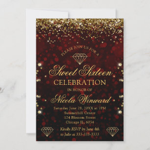 Dark Red Bokeh & Gold Glitzer Sweet 16 Einladung
