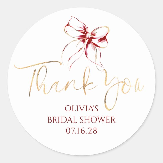 Dark Red Bow Favors Bridal Shower Thank You  Runder Aufkleber (Vorderseite)