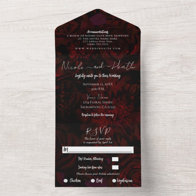 Dark Red Burgundy Floral Wedding Foto All In One Einladung (Innen Boden)