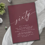 Dark Red Burgundy | Formal Maroon 60th Birthday Einladung<br><div class="desc">Elegant minimal-style 60th birthday invitations with heading "sixty" text in a handwritten script. White font on a dark red background.</div>