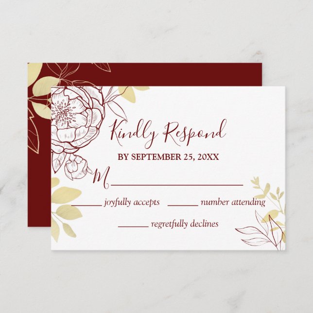 Dark Red Burgundy & Gold Peony Floral Wedding RSVP Karte (Vorne/Hinten)