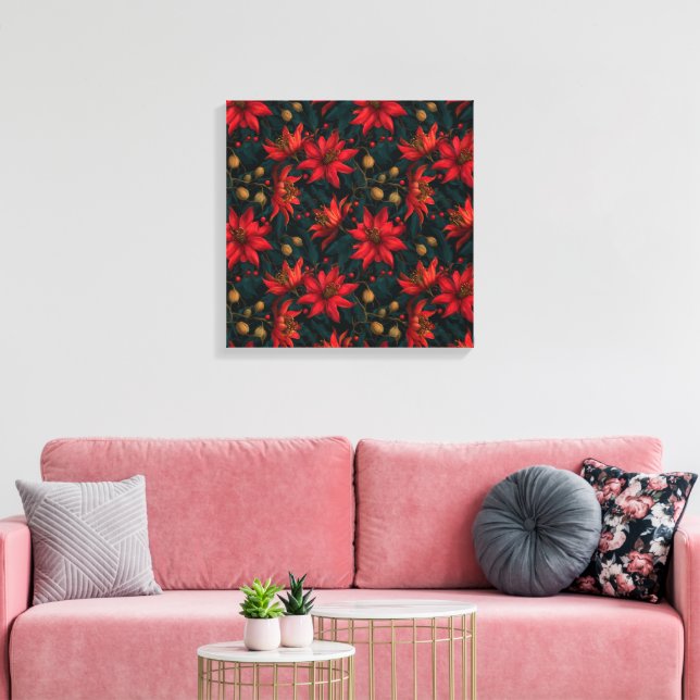 Dark Red Christmas Floral Pattern Leinwanddruck (Insitu (Wohnzimmer))