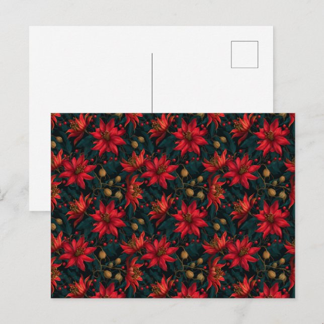 Dark Red Christmas Floral Pattern Postkarte (Vorne/Hinten)
