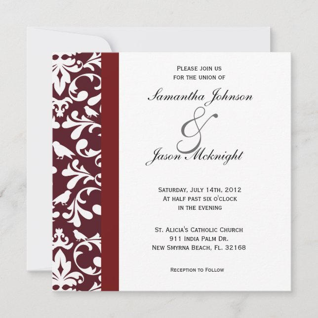 Dark Red Damask Hochzeit einladen Einladung (Vorderseite)