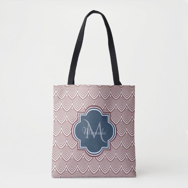 Dark Red Deko Scallops Navy Blue Monogram Name (Vorderseite)