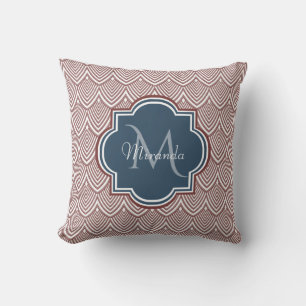 Dark Red Deko Scallops Navy Blue Monogram Name Kissen