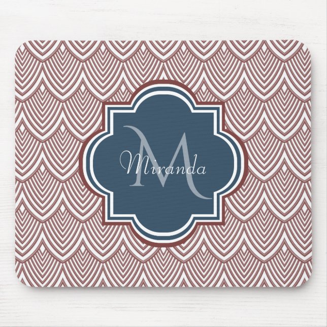 Dark Red Deko Scallops Navy Blue Monogram Name Mousepad (Vorne)