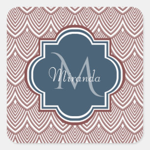 Dark Red Deko Scallops Navy Blue Monogram Name Quadratischer Aufkleber