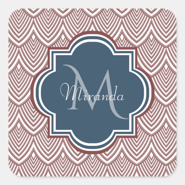 Dark Red Deko Scallops Navy Blue Monogram Name Quadratischer Aufkleber (Vorderseite)