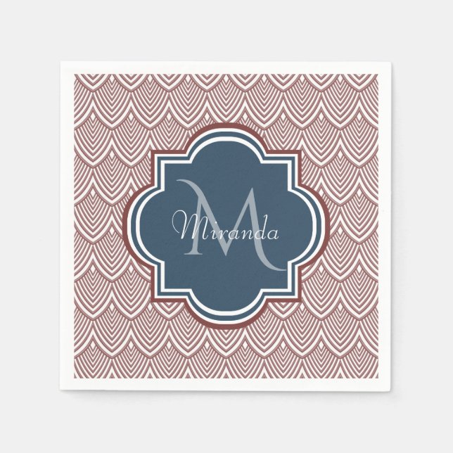 Dark Red Deko Scallops Navy Blue Monogram Name Serviette (Vorderseite)