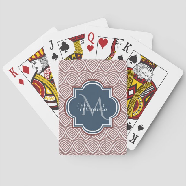 Dark Red Deko Scallops Navy Blue Monogram Name Spielkarten (Rückseite)